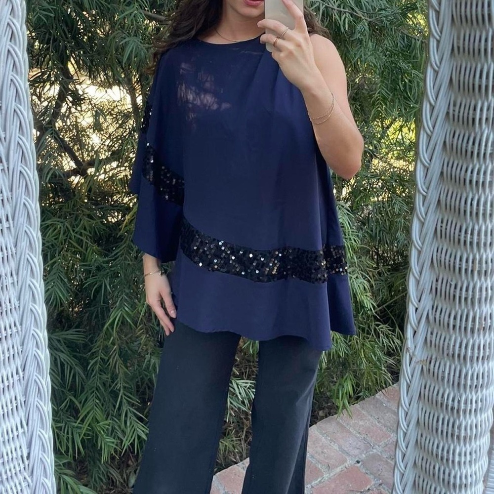 Beautiful navy blue sequin one shoulder flowy blouse